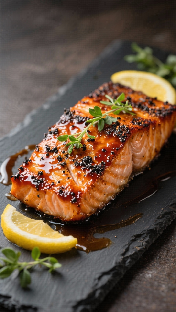 Final dish, restaurant style: Smoky maple variation—air-fried salmon with a deep amber glaze from