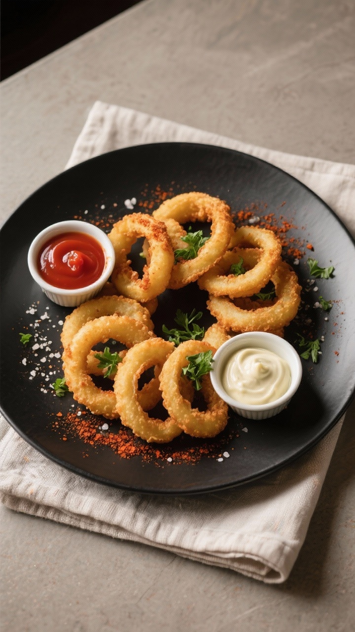 Final dish top view: Beautifully plated keto onion rings arranged in a neat spiral on a matte black 