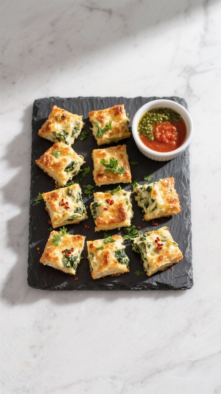 Final dish top view: Overhead shot of baked Keto Spinach Artichoke Dip Bites on a dark slate serving