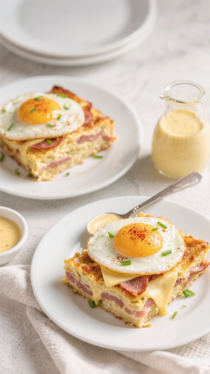 Final dish top view: Overhead shot of sliced Keto Eggs Benedict Casserole neatly portioned on matte 
