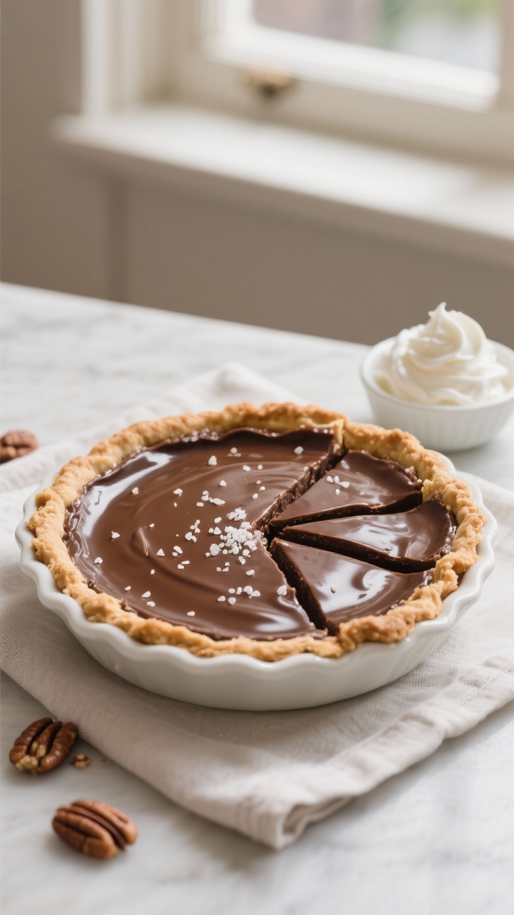 Final dish — whole pie, elegant finish: Beautifully set Low Carb Chocolate Pecan Pie on a simple w