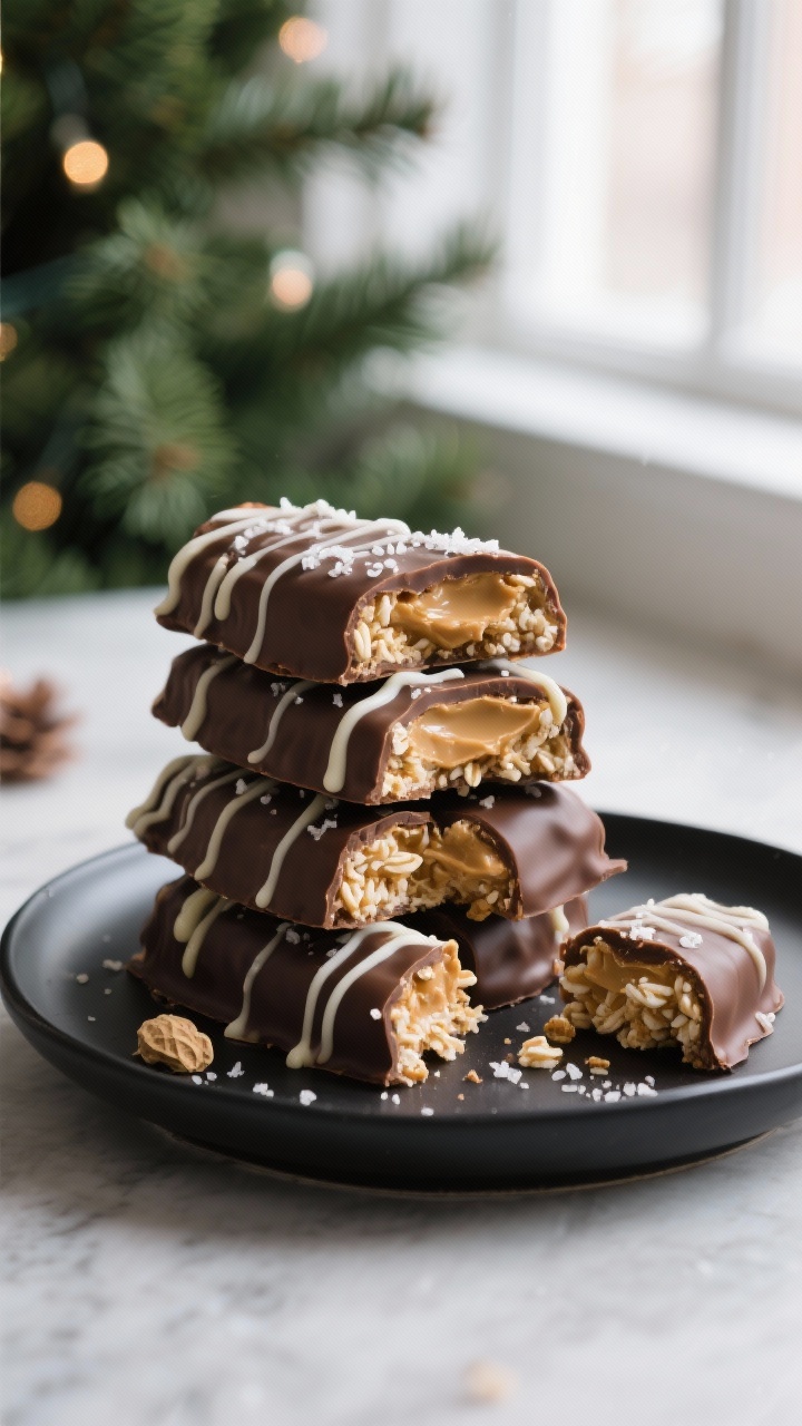 Final plated: Bakery-worthy presentation of Peanut Butter Trees stacked on a matte black platter for