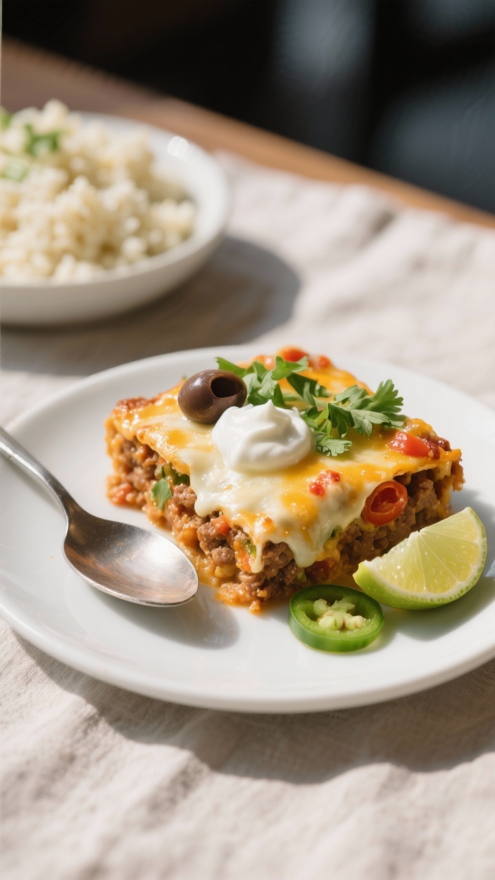 Final plated beauty: A spooned square of keto enchilada casserole on a white ceramic plate, edges cl