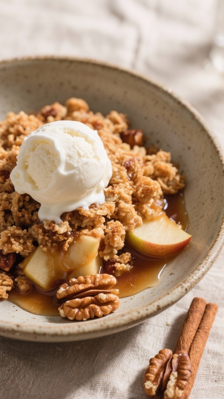 Final plated dessert: A rustic bowl with a generous scoop of warm sugar-free apple crisp topped with