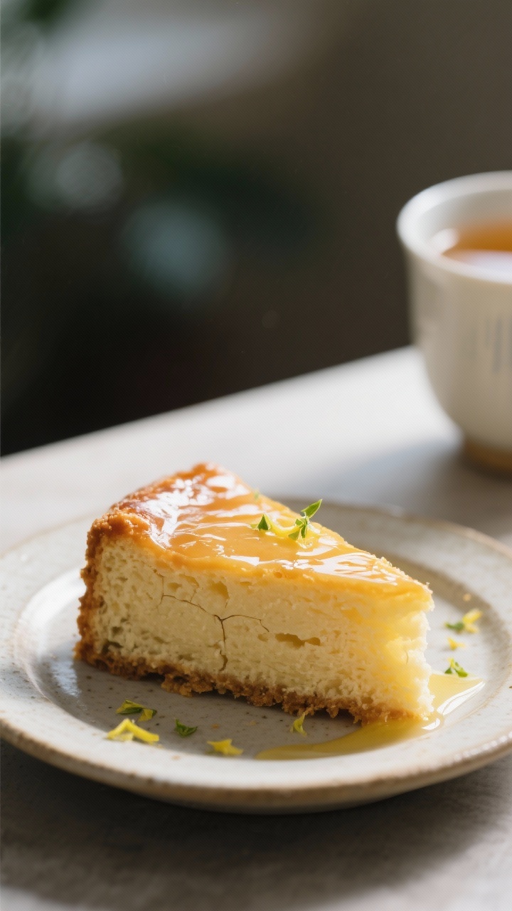 Final plated dessert moment: Three-quarter angle of a single thick slice on a small ceramic plate, g