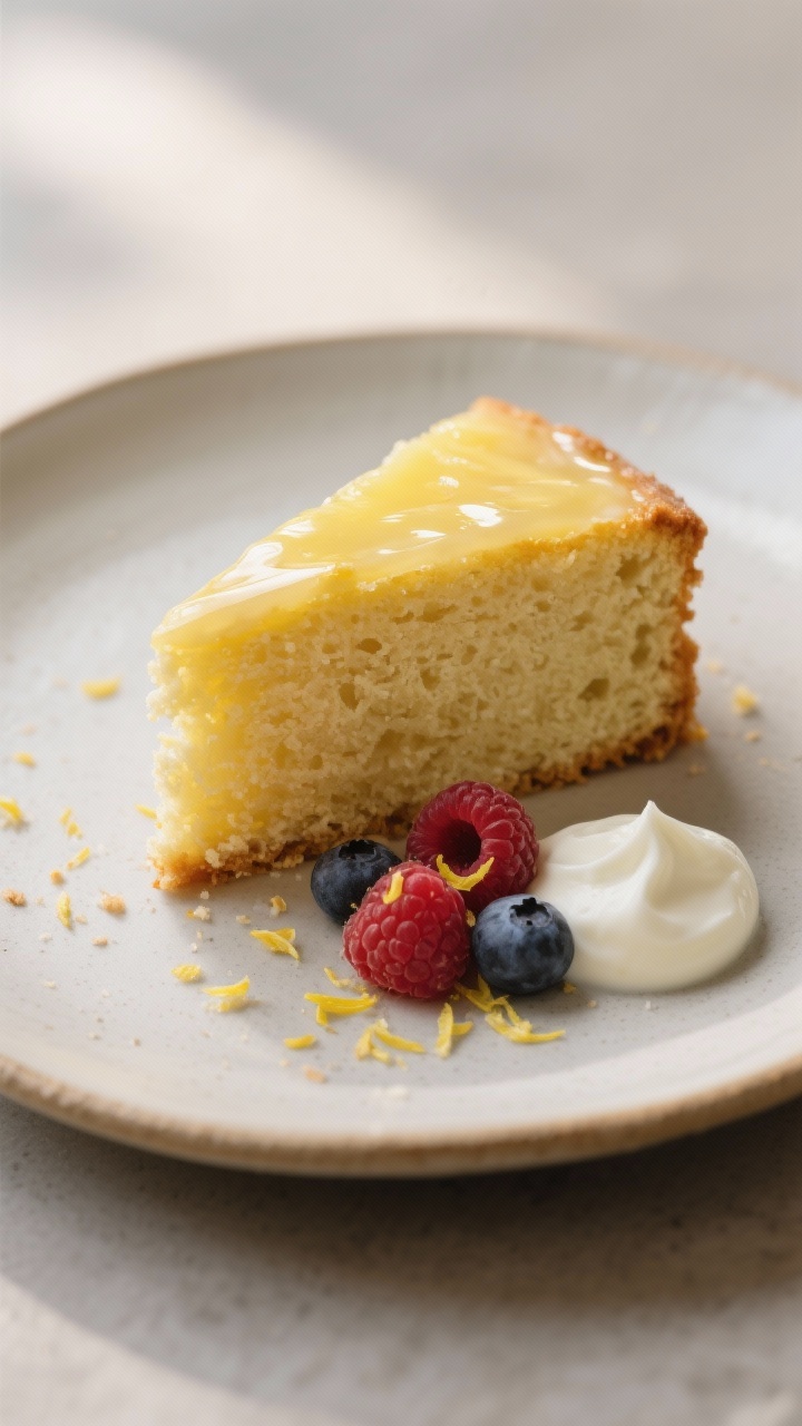 Final plated dessert scene: a single thick slice of lemon drizzle cake on a simple ceramic plate, sh