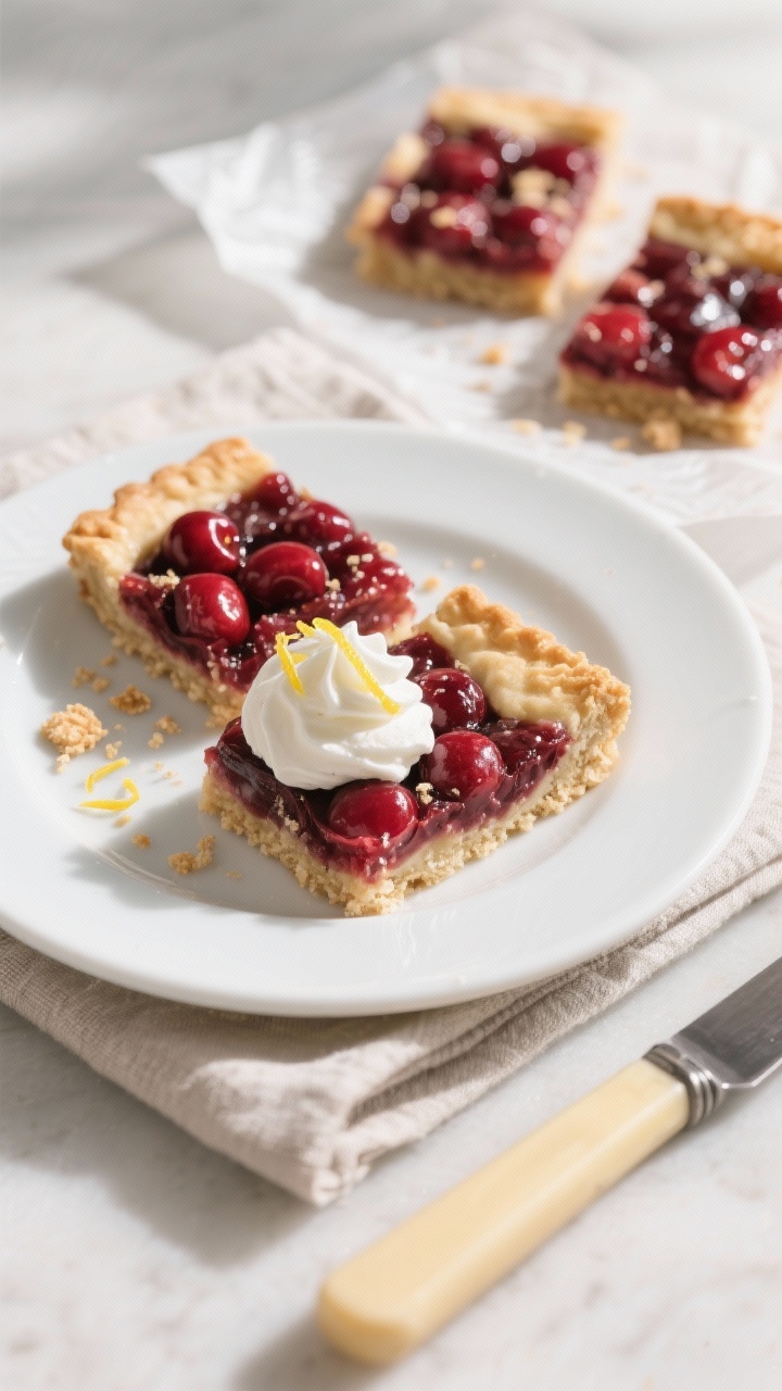 Final plated dessert shot: Two chilled keto cherry pie bars served on a small white dessert plate wi
