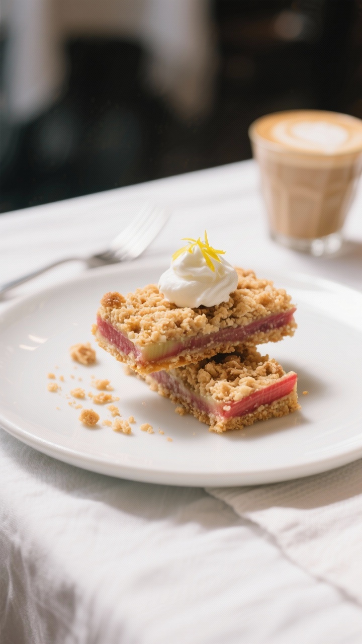 Final plated dessert shot: two Keto Rhubarb Crumble Bars stacked slightly askew on a matte white des
