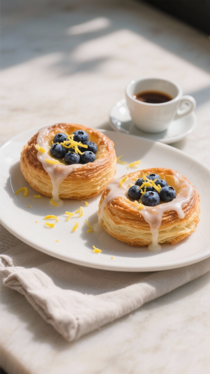 Final plated dish: A café-style presentation of two blueberry Danishes on a matte white plate, ligh
