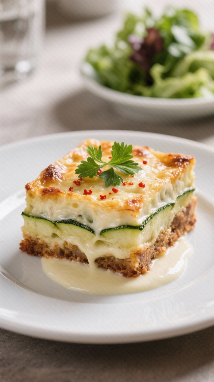 Final plated dish: A generous square of zucchini gratin served on a white ceramic plate with a gloss
