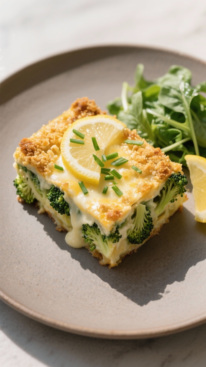 Final plated dish: A neat square of broccoli casserole served on a warm gray ceramic plate — clean