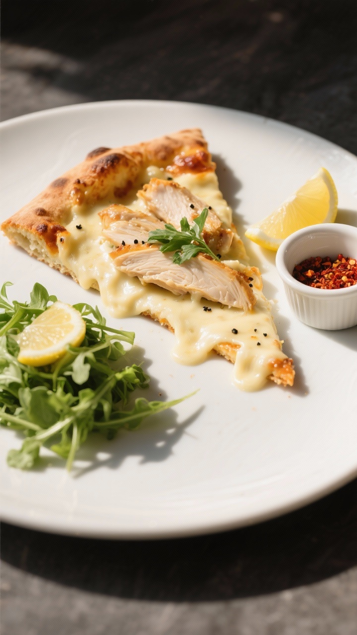 Final plated dish: A single slice of Chicken Alfredo Pizza plated on a matte white plate alongside a