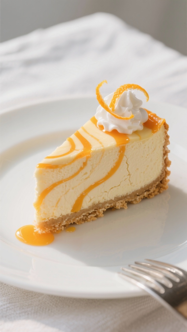 Final plated dish: A thick wedge of Orange Creamsicle Cheesecake on a matte white plate, three-quart