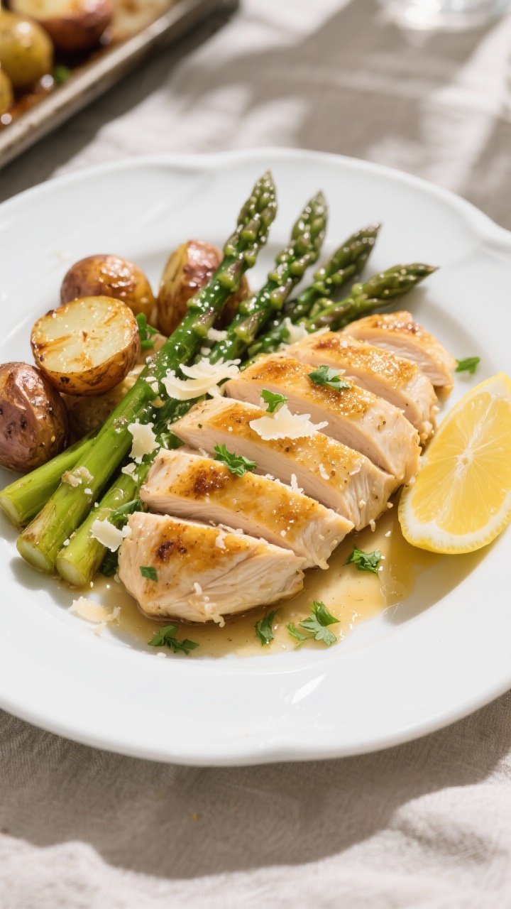 Final plated dish, : Beautifully plated Chicken Asparagus Sheet Pan Dinner on a white ceramic plate;
