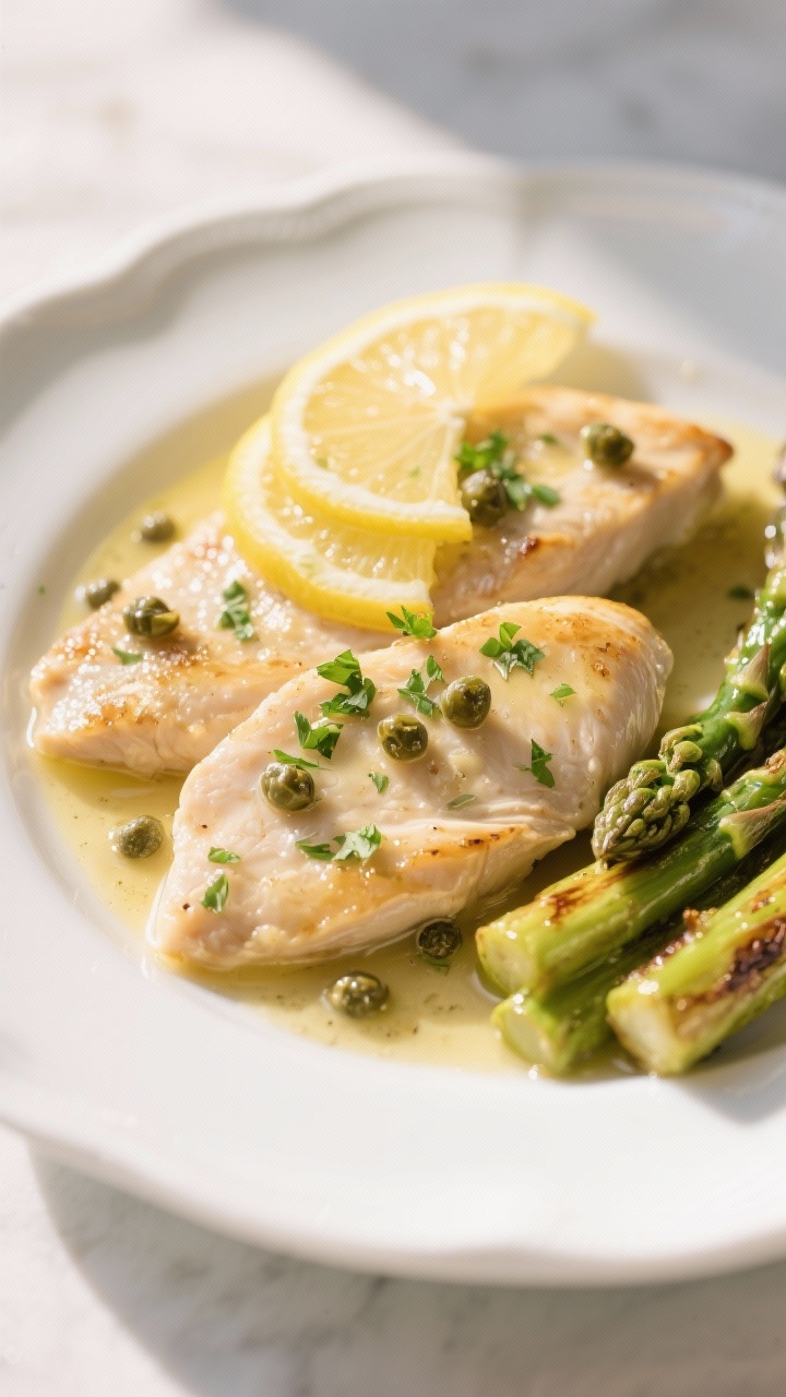 Final plated dish, : Beautifully plated Keto Chicken Piccata on a white ceramic plate, two thin cutl