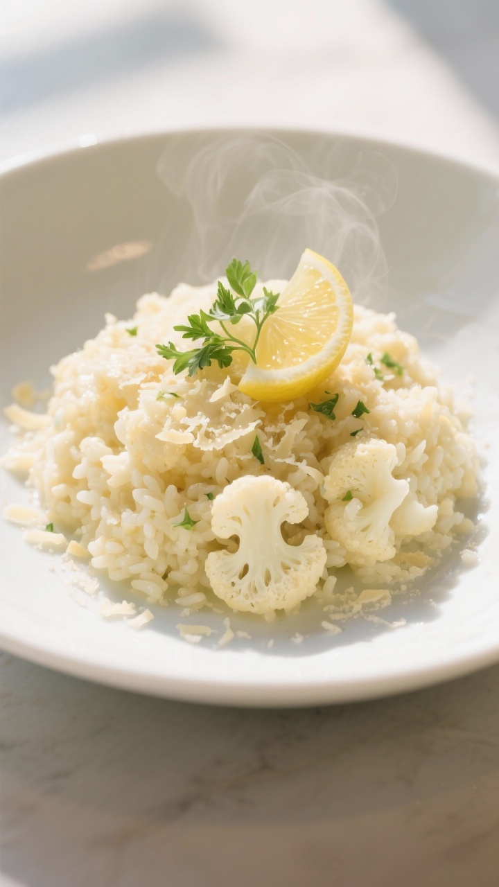 Final plated dish — : Beautifully plated mound of cheesy cauliflower rice on a white shallow bowl,