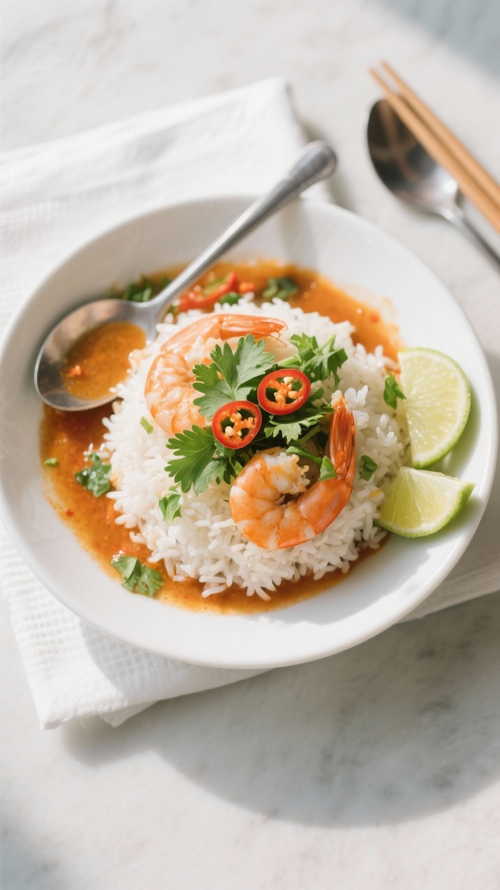 Final plated dish: Beautifully plated Thai Shrimp over fluffy jasmine rice in a wide white bowl — 