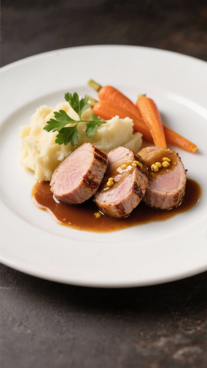 Final plated dish, : Elegant white plate with neatly arranged pork tenderloin medallions napped with