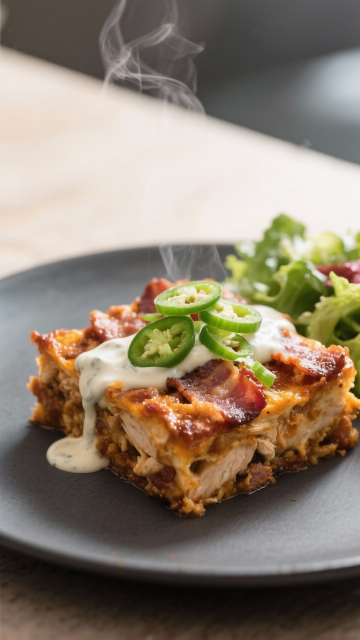 Final plated dish: Restaurant-quality plating of a generous square of Barbecue Bacon Chicken Cassero
