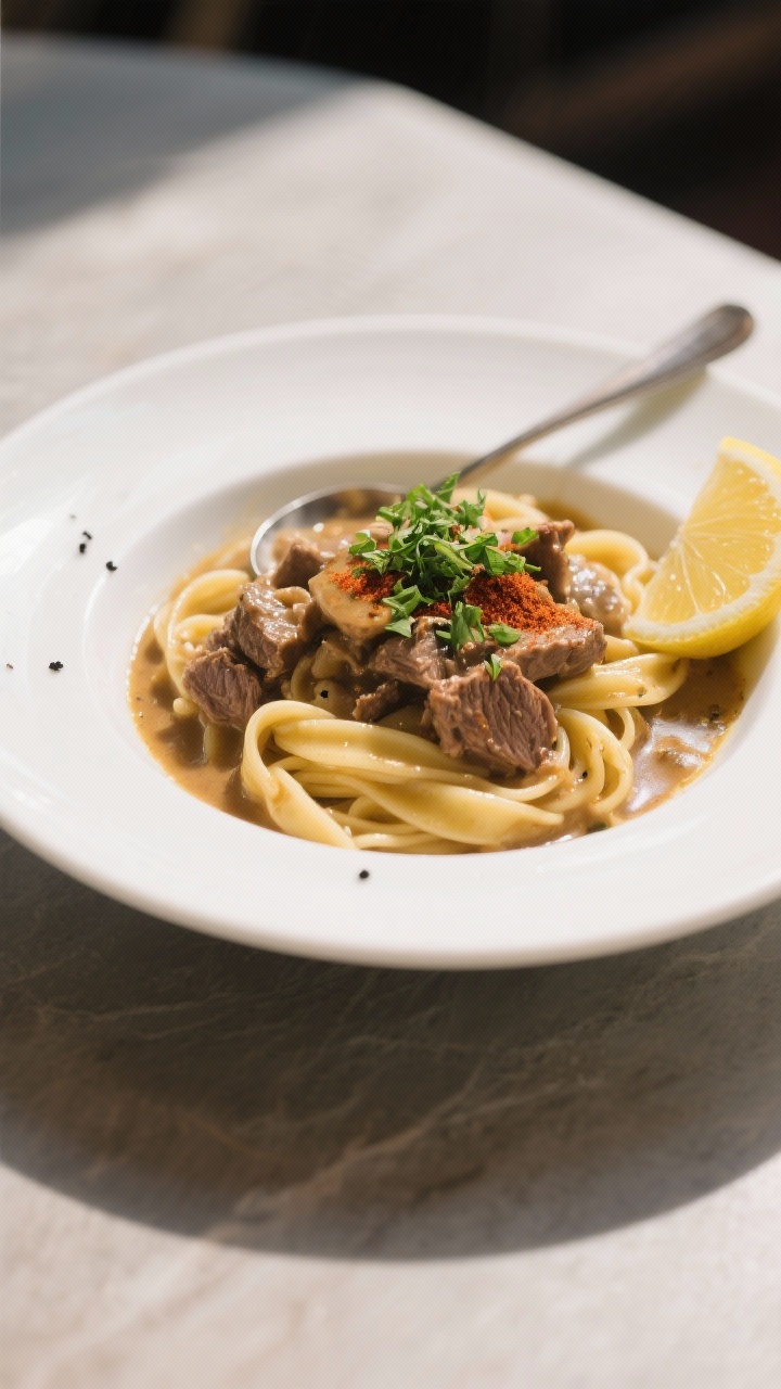 Final plated dish — Restaurant-quality presentation: Elegant shallow white bowl of Lamb Stroganoff