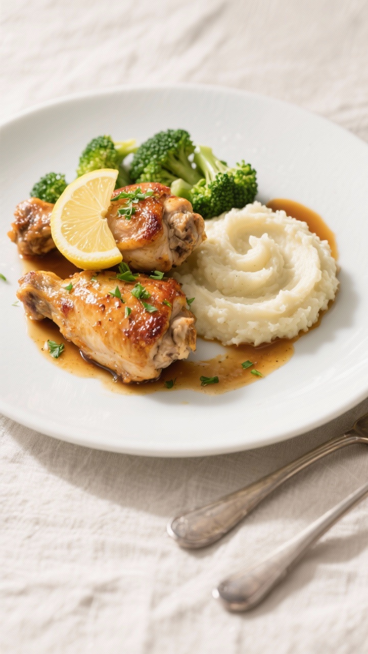 Final plated dish: Restaurant-quality presentation of keto chicken thighs on a matte white plate, tw