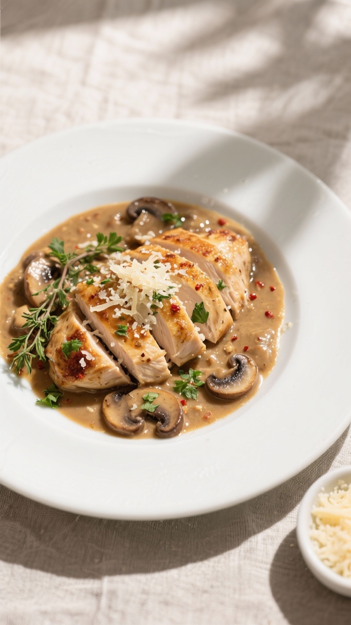 Final plated dish: Restaurant-quality presentation of Keto Chicken Marsala Bake on a matte white sha