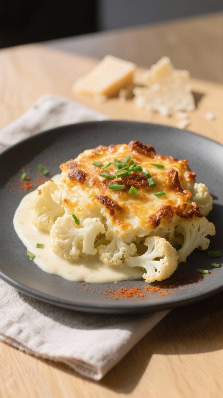 Final plated dish: Restaurant-quality presentation of a generous scoop of Keto Cauliflower Au Gratin