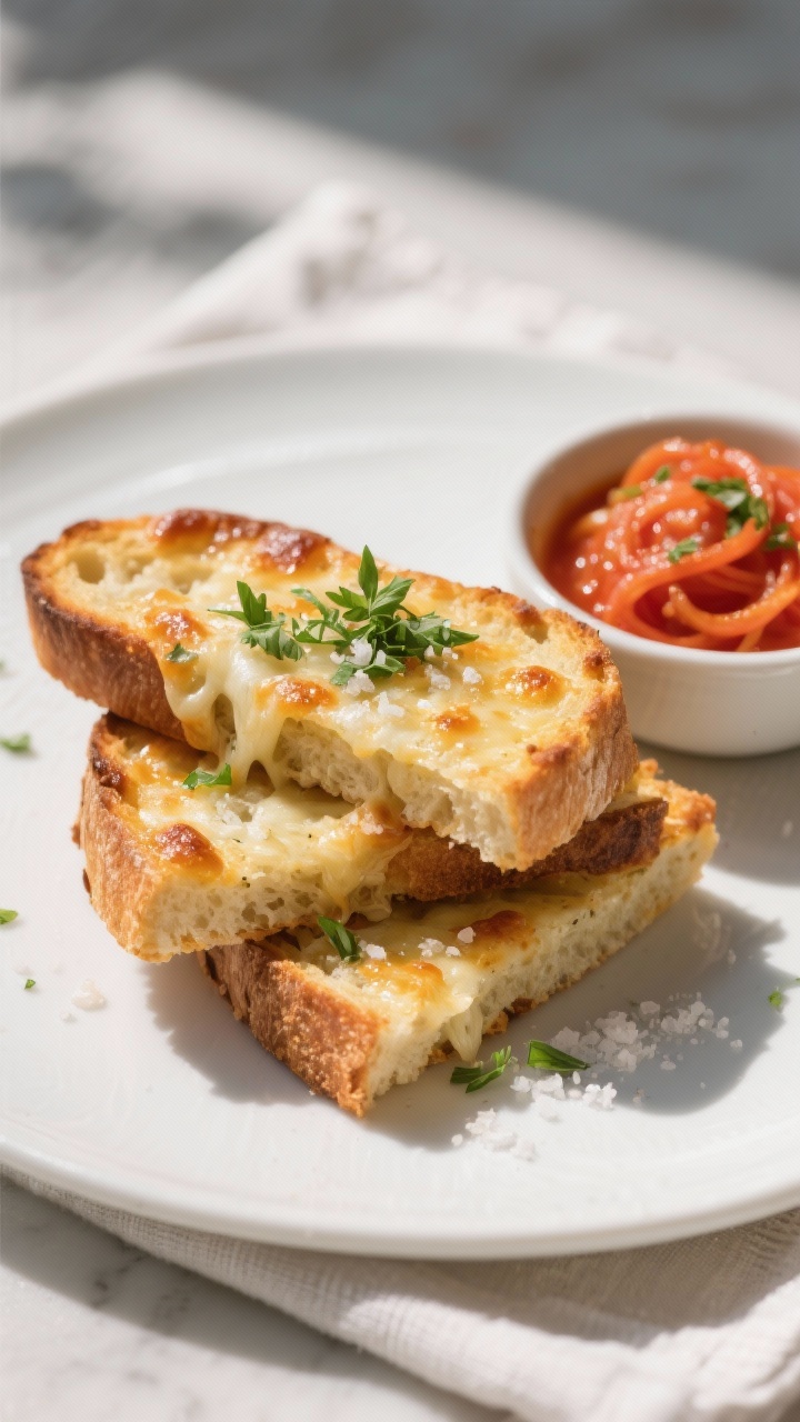 Final plated dish: Restaurant-quality presentation of keto garlic bread wedges stacked slightly offs