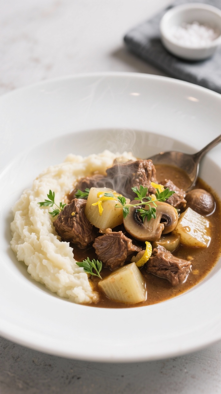 Final plated dish, restaurant-quality presentation: Beautifully plated Keto Lamb Stew in a wide, sha