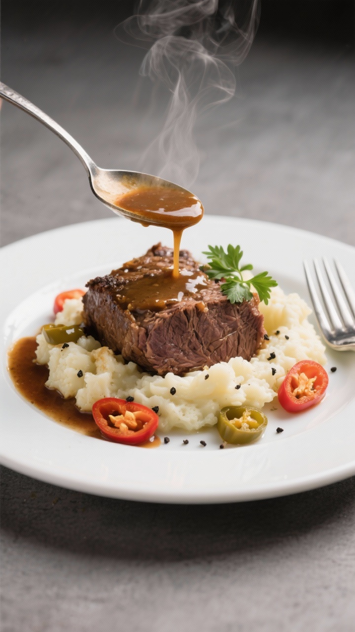 Final plated dish: Restaurant-quality presentation of Mississippi Pot Roast over creamy mashed cauli