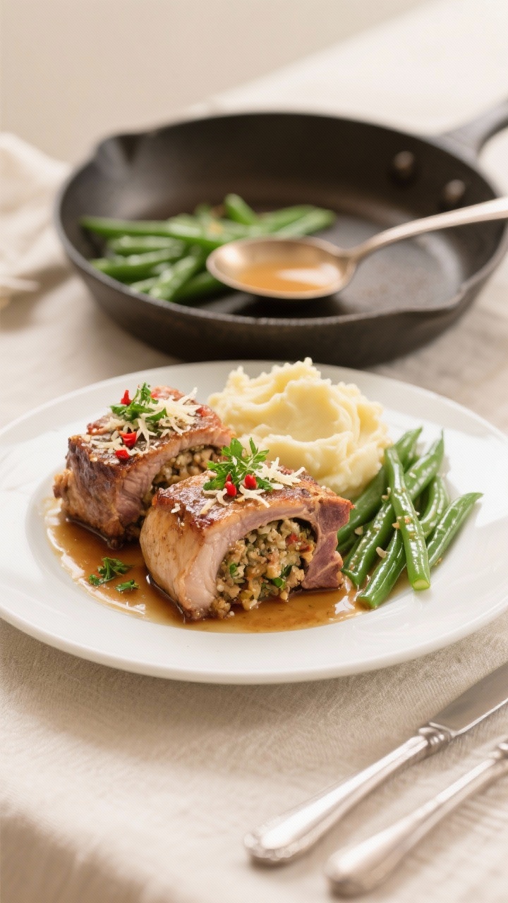 Final plated dish: Restaurant-quality presentation of two stuffed pork chops on a warm white plate w