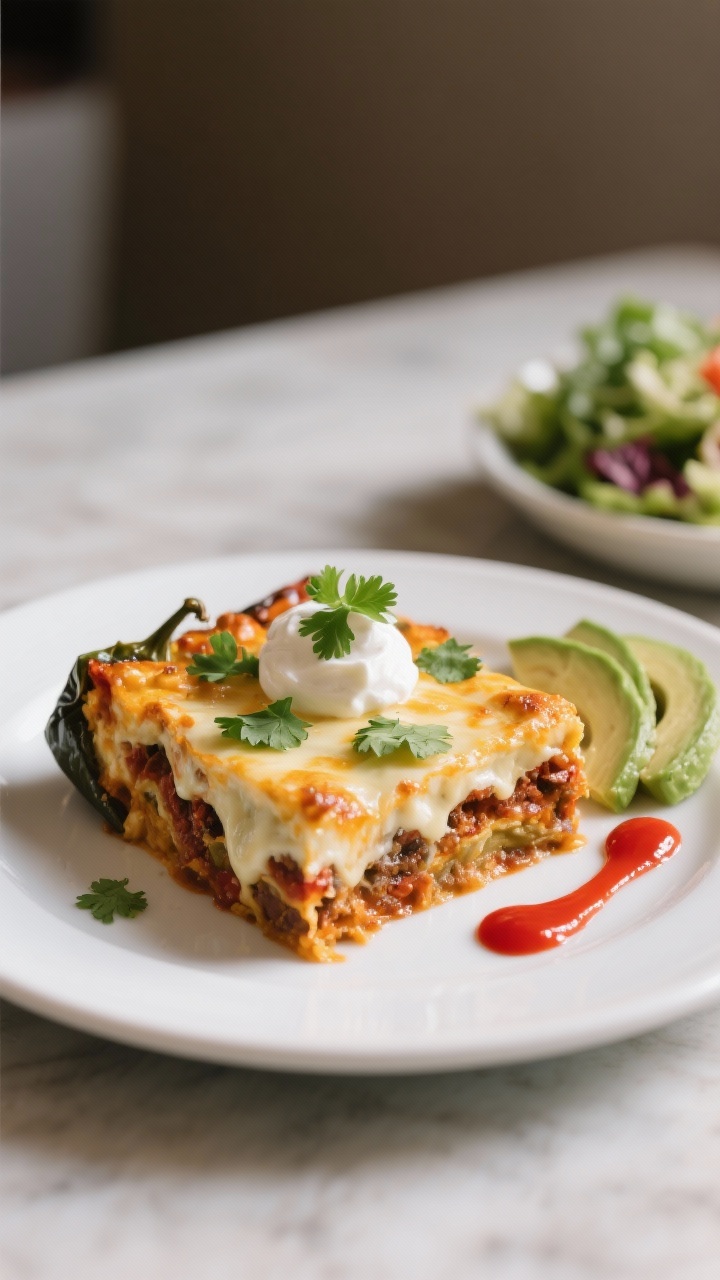 Final plated dish: Restaurant-quality presentation of a square slice of keto chile relleno casserole