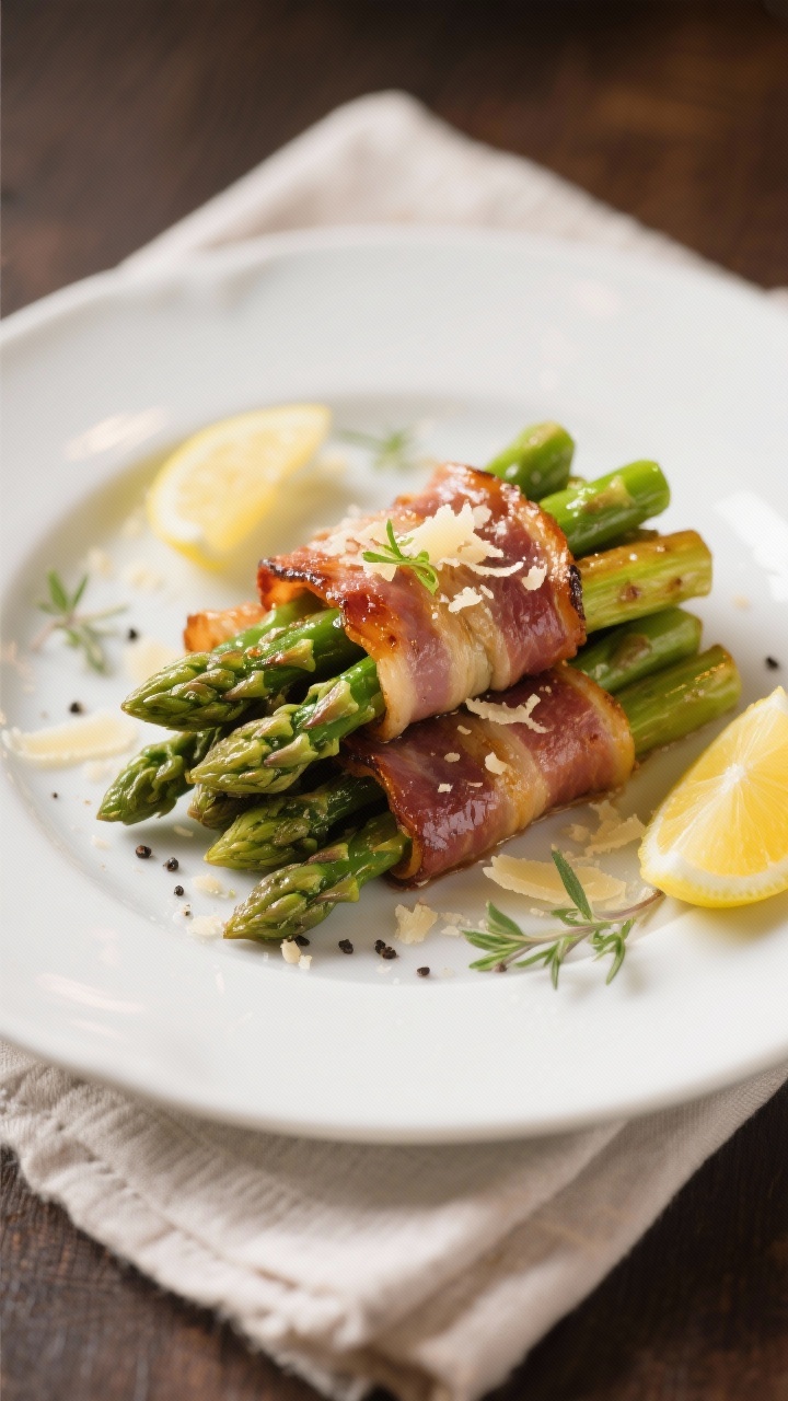 Final plated dish: Restaurant-quality presentation of bacon-wrapped asparagus bundles stacked on a w