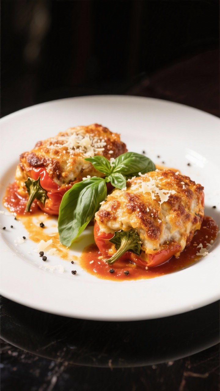 Final plated dish: Restaurant-quality presentation of two Chicken Parm Stuffed Peppers on a wide whi