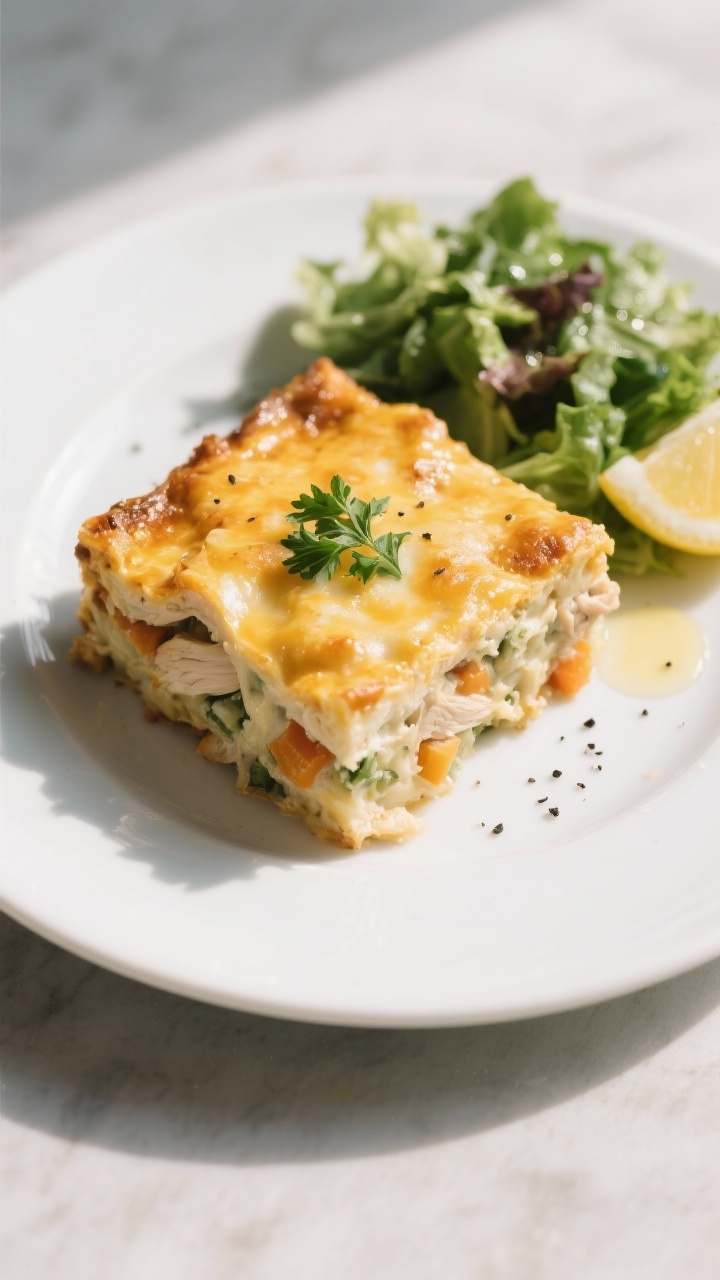 Final plated dish: Restaurant-quality presentation of a generous square of Keto Creamy Chicken Casse