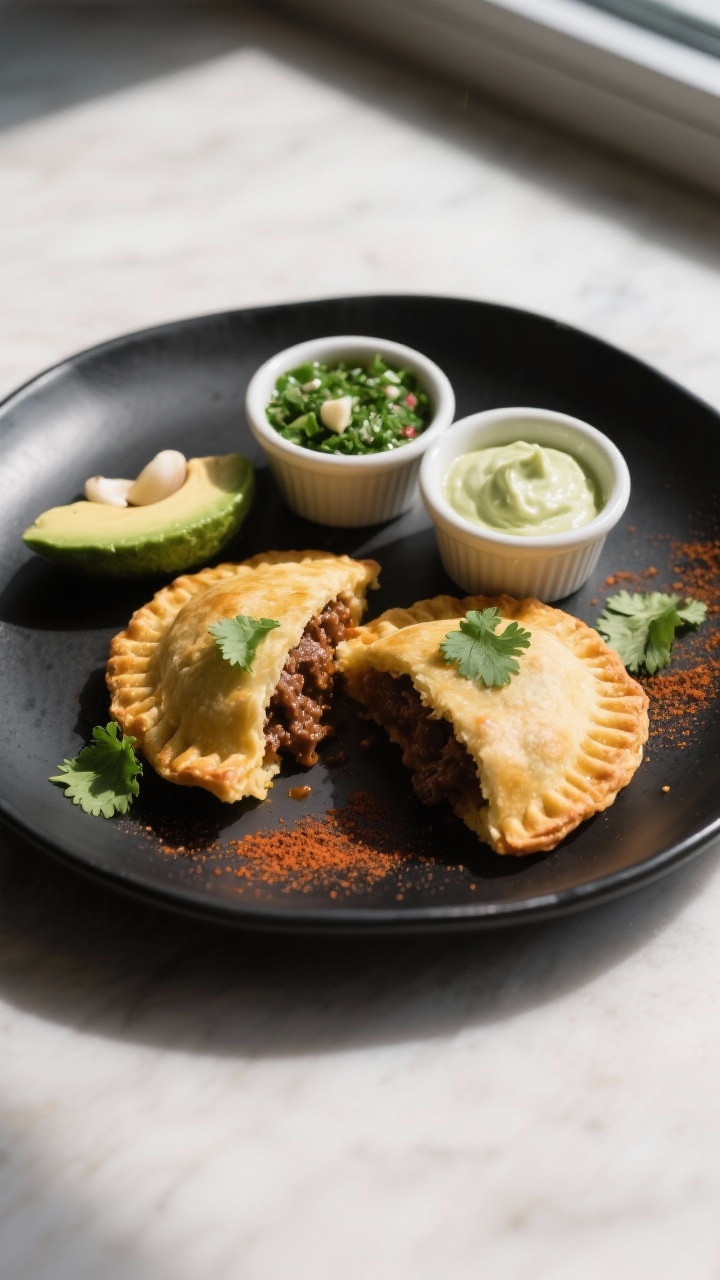 Final plated dish: Restaurant-quality presentation of golden keto empanadas on a matte black plate w