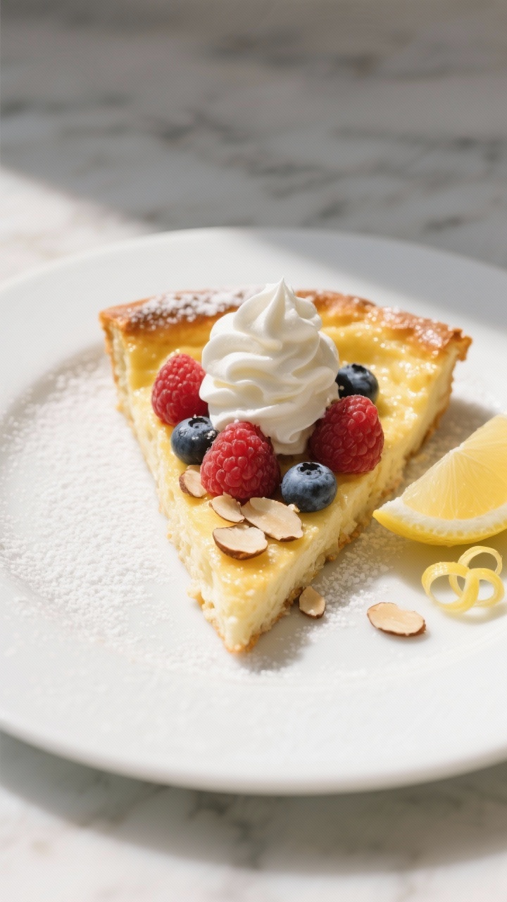 Final plated dish: Restaurant-quality presentation of a sliced keto Dutch baby wedge on a matte whit