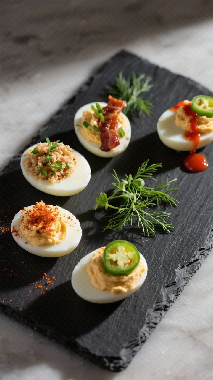 Final plated dish: Restaurant-quality presentation of assorted keto deviled egg variations on a dark