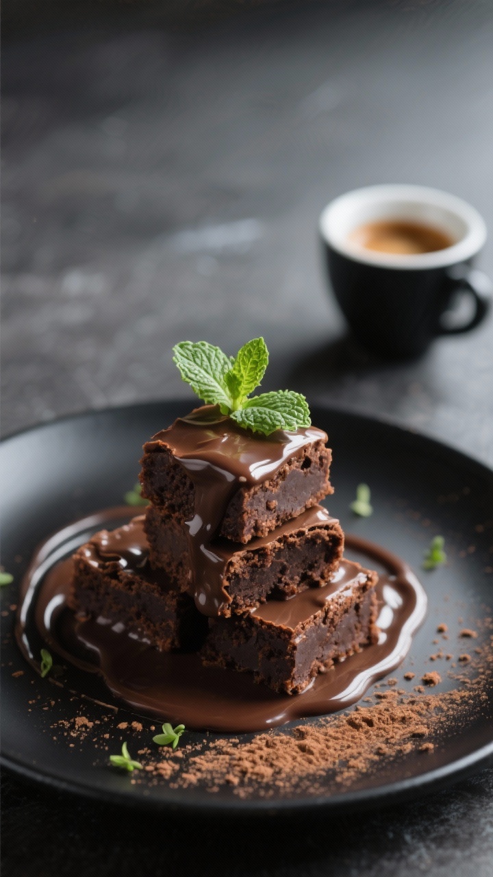 Final plated dish: Restaurant-quality presentation of keto brownie bites stacked on a matte black de