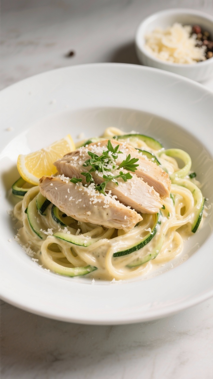 Final plated dish: Restaurant-quality presentation of Keto Chicken Alfredo on a wide white bowl, twi