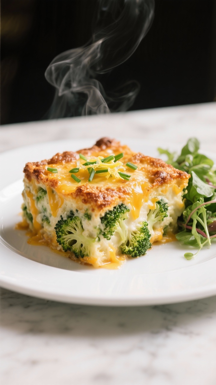 Final plated dish: Restaurant-quality presentation of a generous square of baked broccoli casserole 