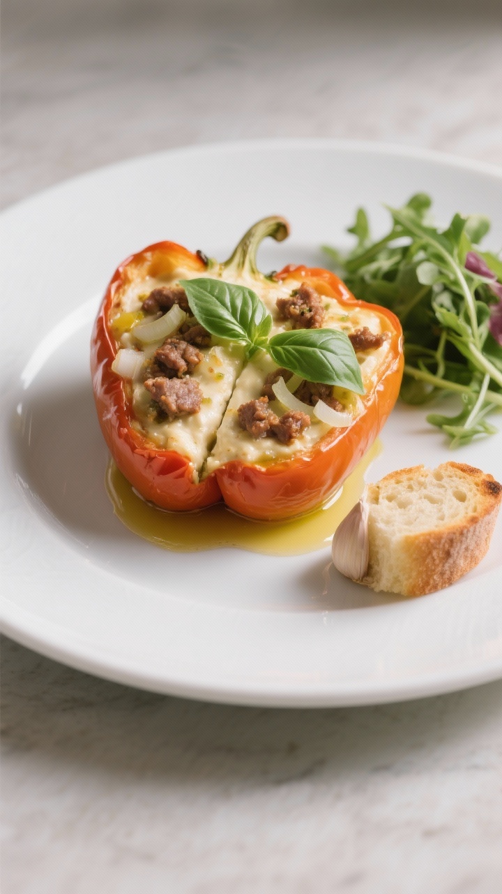 Final plated dish: Restaurant-quality presentation of a single stuffed pepper half on a matte white