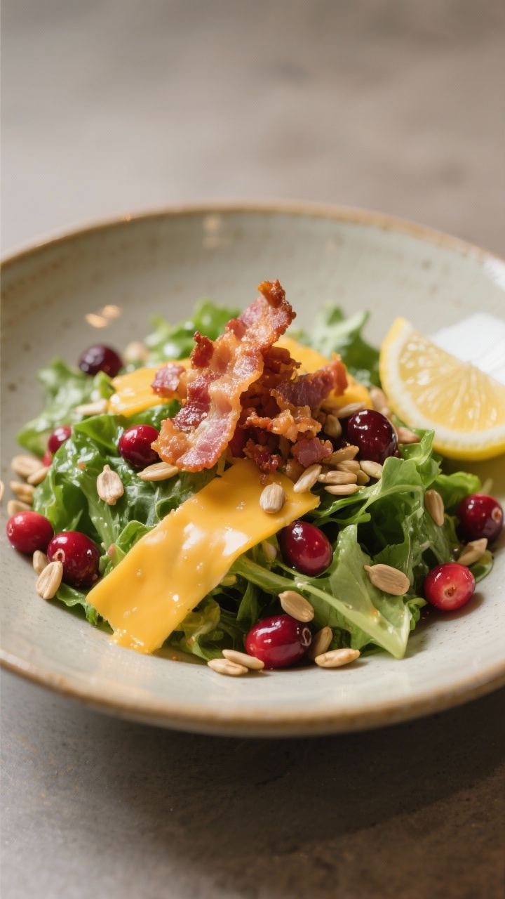 Final plated dish: Restaurant-quality presentation of the salad in a shallow ceramic bowl, vibrant g