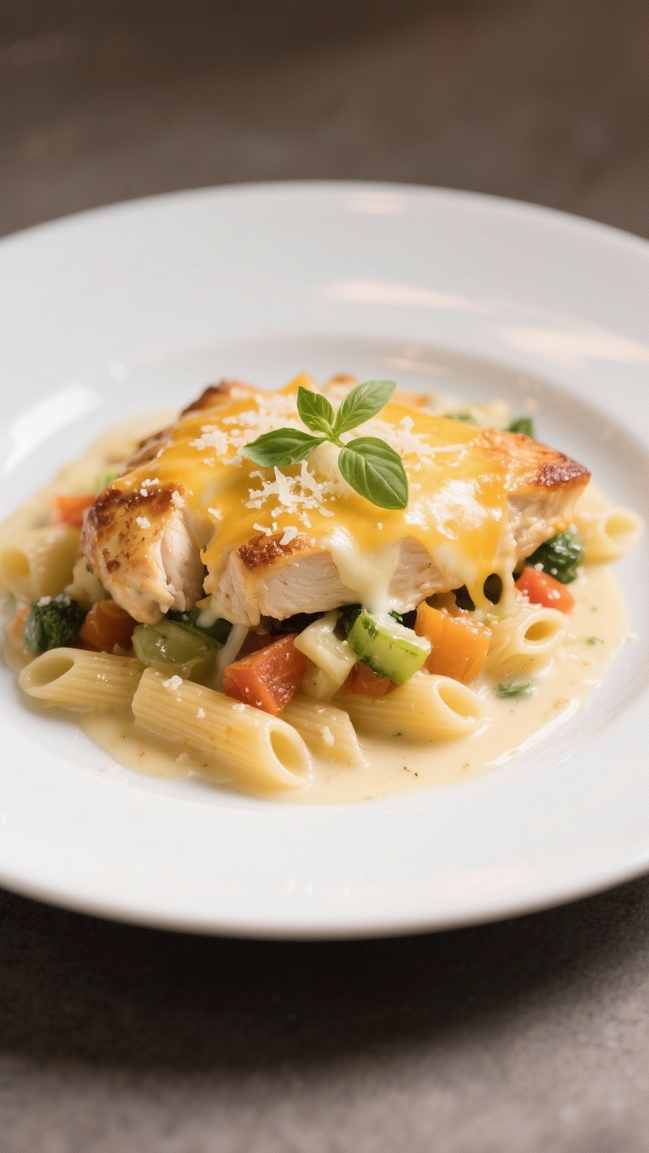 Final plated dish: Restaurant-quality presentation of a single serving of Primavera Cheesy Chicken B