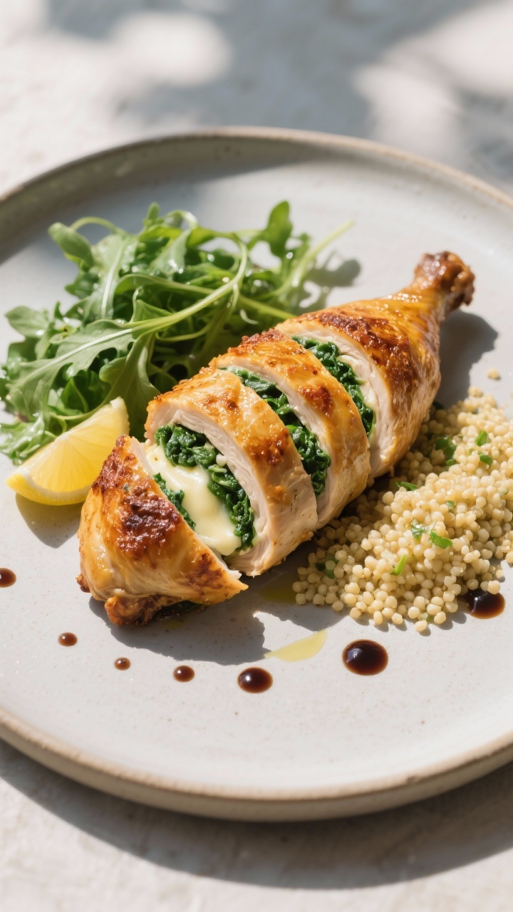 Final plated dish: Restaurant-quality presentation of a whole stuffed chicken breast with a deep gol