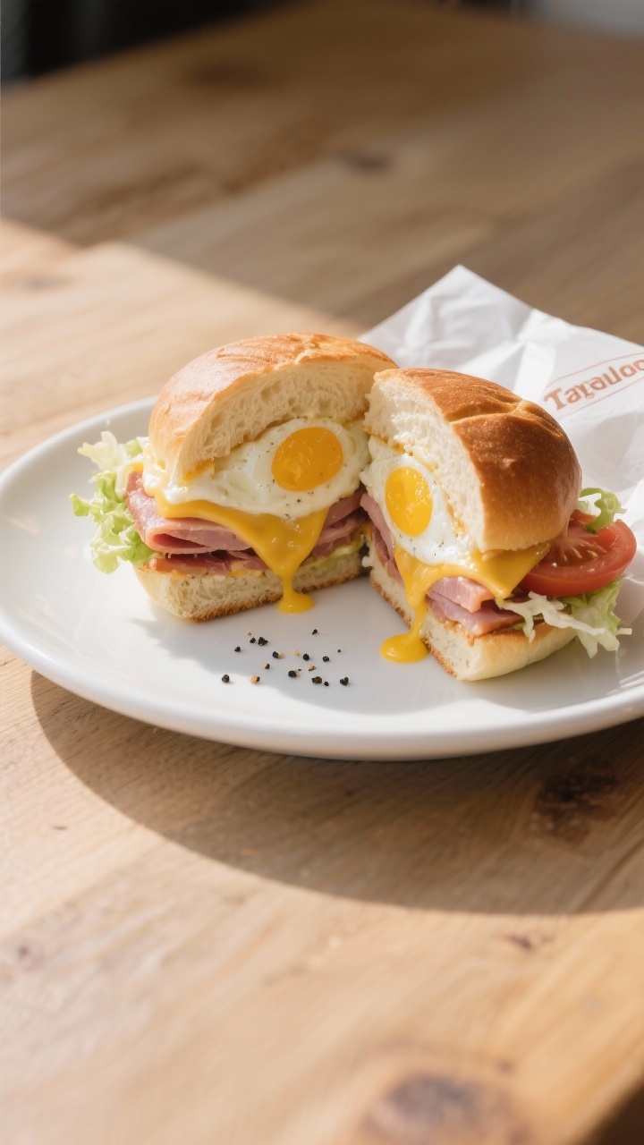 Final plated dish: Restaurant-quality presentation of a halved Taylor Ham, Egg, and Cheese on a Port