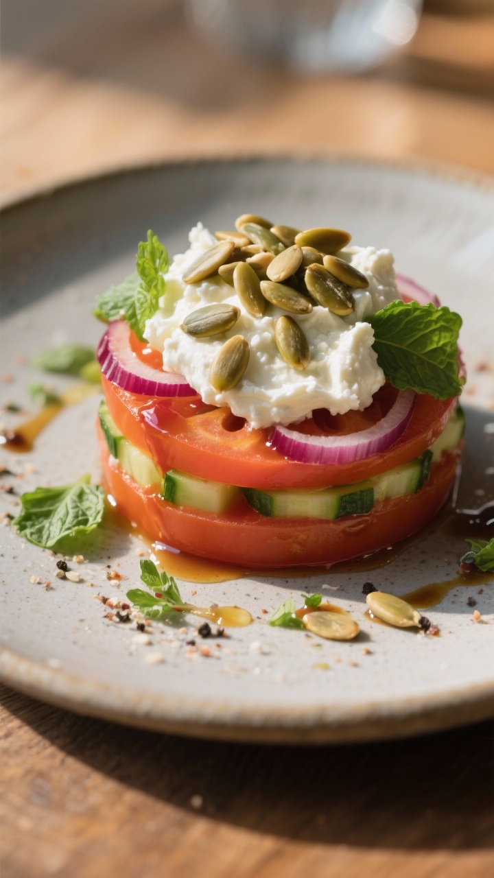 Final plated dish: Restaurant-quality presentation of a composed serving—thick tomato rounds layer