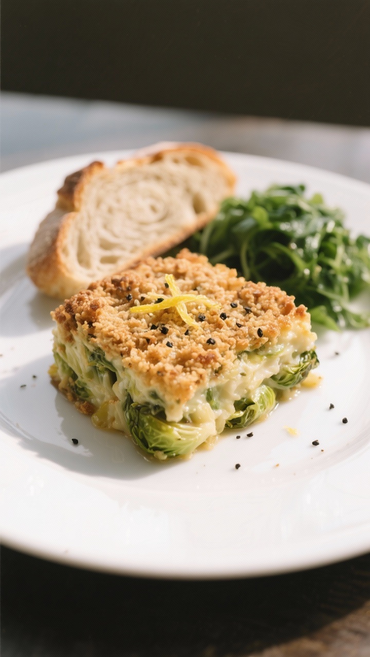 Final plated dish: Restaurant-quality serving of Brussels sprout casserole on a wide white plate—n