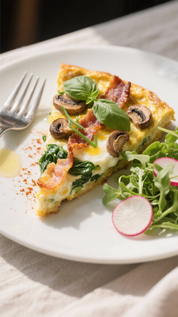 Final plated dish: Restaurant-quality slice of keto frittata served warm on a matte white plate with