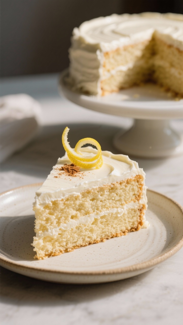 Final plated dish: Restaurant-quality slice of keto vanilla cake on a small ceramic plate, thick lay